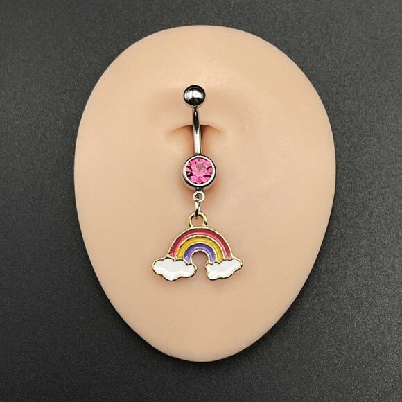316L Stainless Steel with Pink Sapphire CZ and Rainbow Charm Dangle Belly Ring - Picture 6 of 7